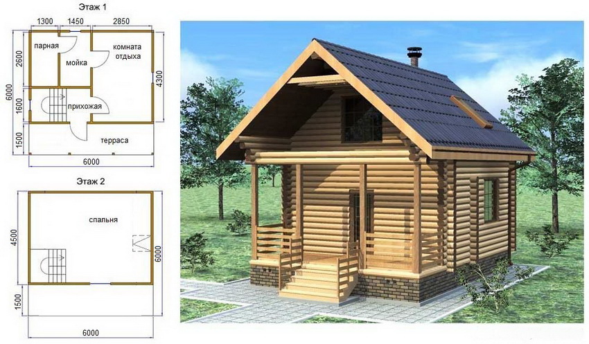 Проект бани 6х4 из бруса 150х150 с мансардой