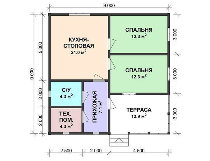 Нестандартная планировка одноэтажного дома 9 на 13 на большом участке с 3 раздельными спальнями, сауной, совмещенной с ванной