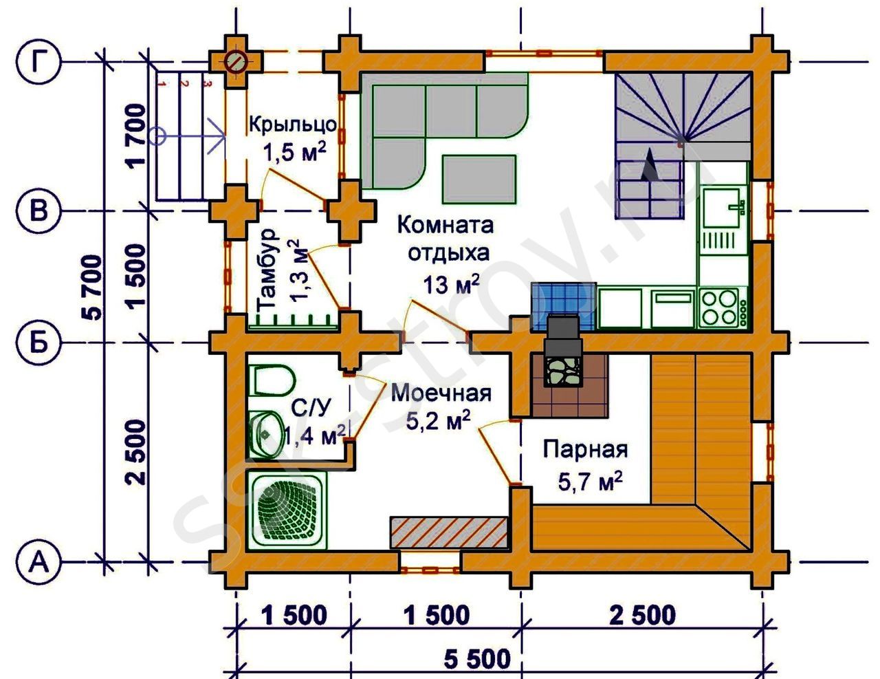 Баня 6 на 4 - проекты с размерами: планировка с комнатой отдыха, план из бруса 4х6 с террасой