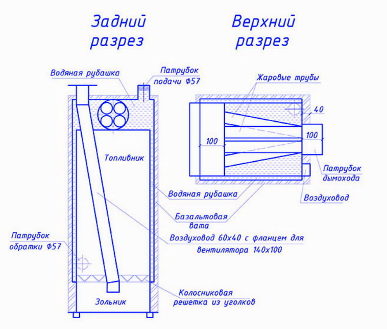 Котел длительного горения чертежи с размерами