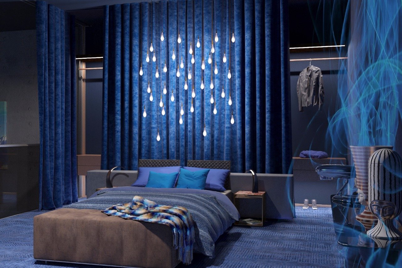 Красивые синие комнаты. Темно синяя спальня. Спальня в зимних тонах. Интерьер в синих тонах. Спальня в синих тонах.